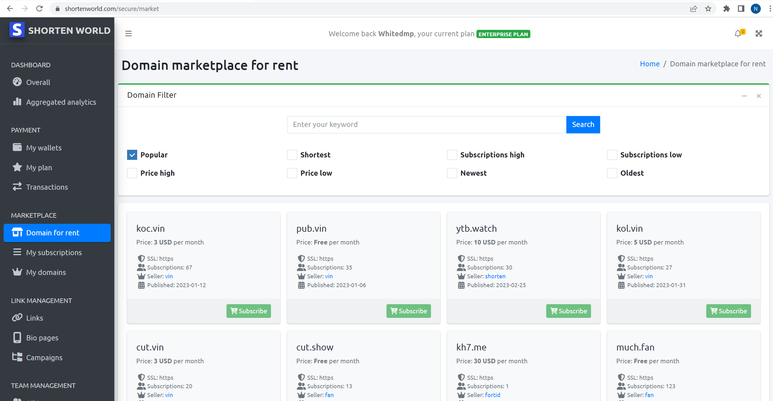 Domain marketplace for rent
