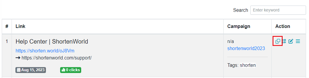 Copy link in Shortenworld